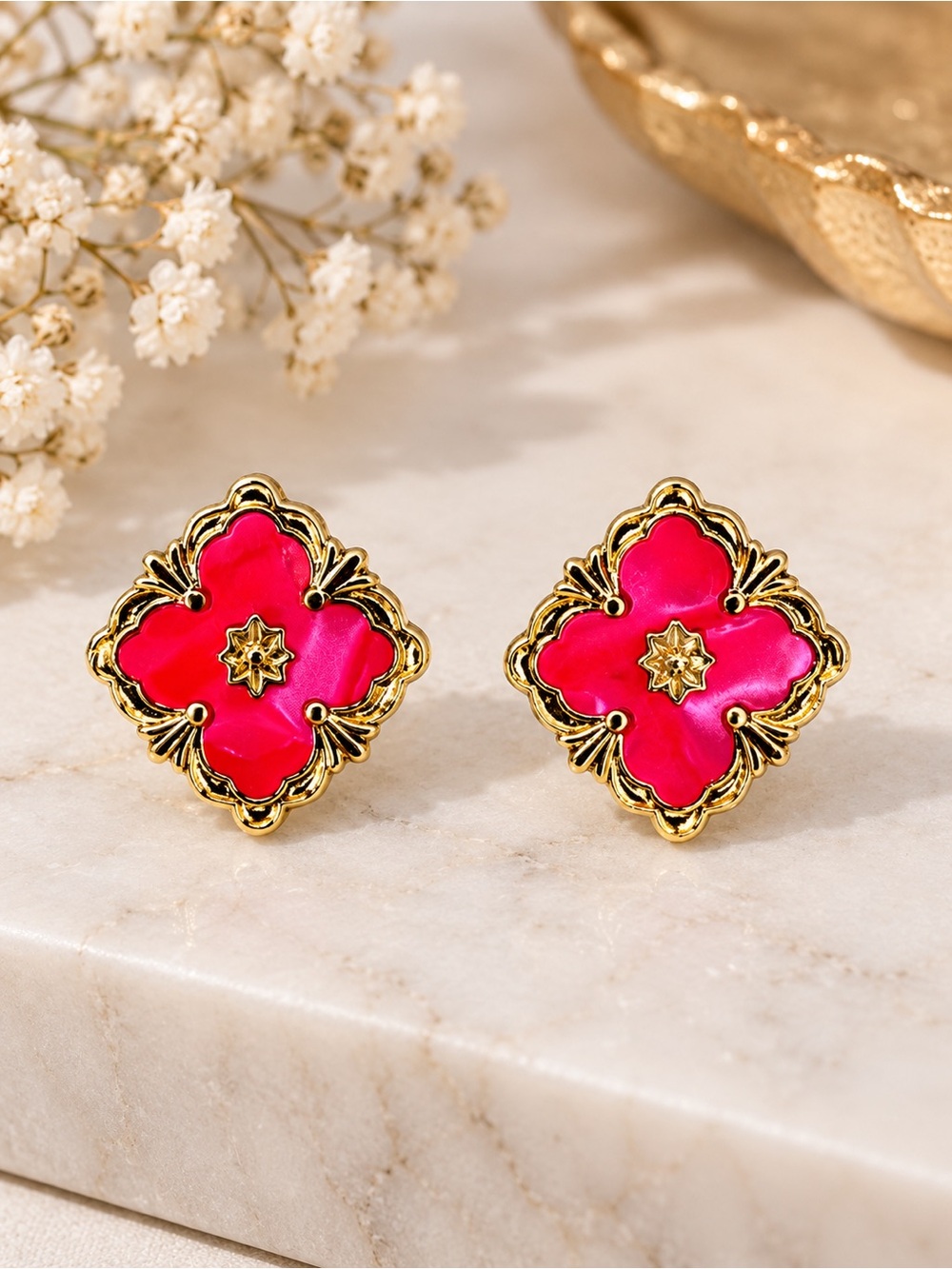 Boho Hot Pink & Gold Quatrefoil Floral Stud Earrings